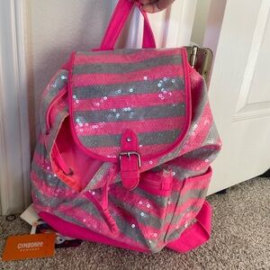 Pink and grey sequin striped statement backpack with adjustable straps #y2k